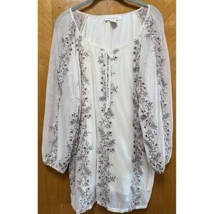 Skye's The Limit Woman Mesh‎ Overlay Boho Floral Embroidered Tunic Ivory Sz 1X